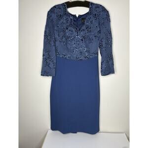 Alex Evenings Dress Womens 16 Blue Lace Scalloped Neck Chiffon A-line Cocktail